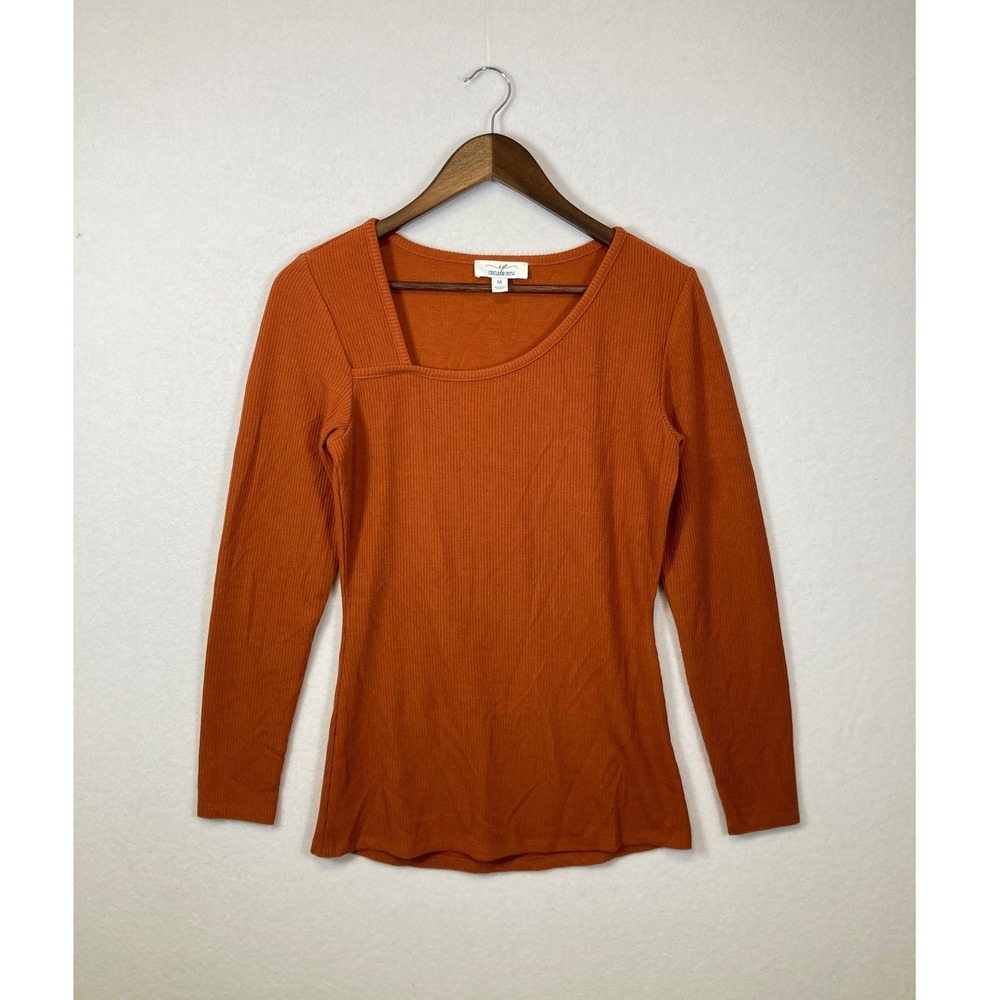 Circular Path Burnt Orange Ribbed Asymmetrical Neck Long Sleeve Top Women Medium